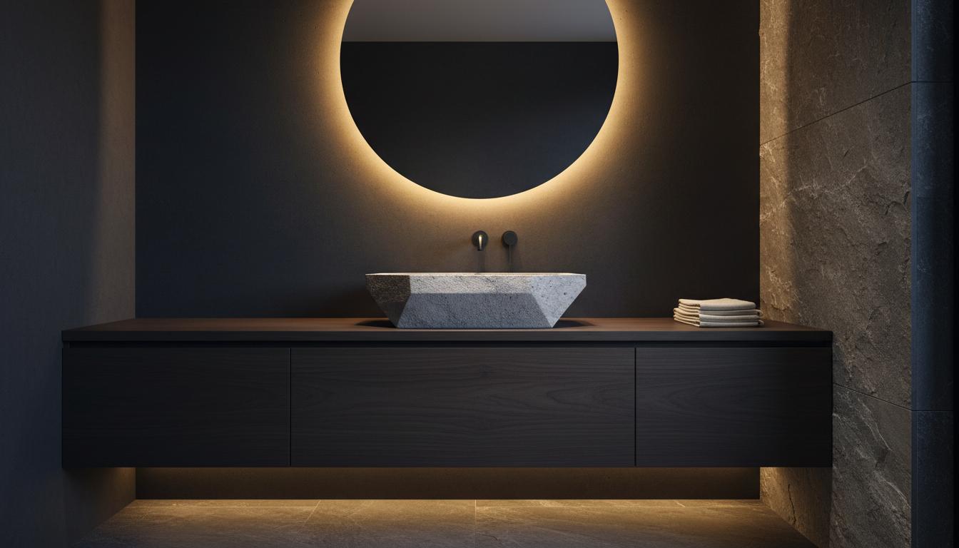 Lavabo GFRC artesanal VETA Studio instalado en baño de lujo — concreto arquitectónico México